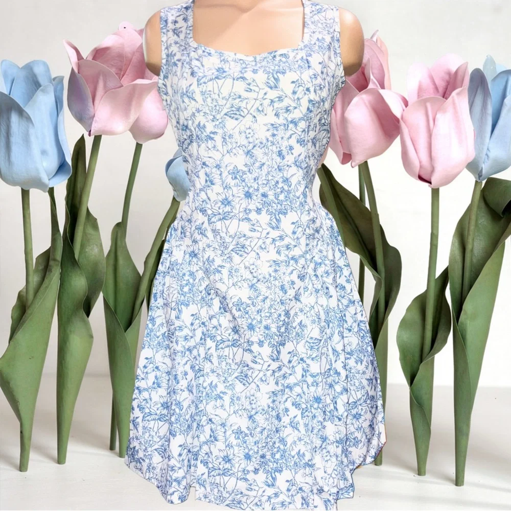 SHEIN Blue Floral Skater Dress Open Back Bow Tie Mini Dress - Picture 5 of 13